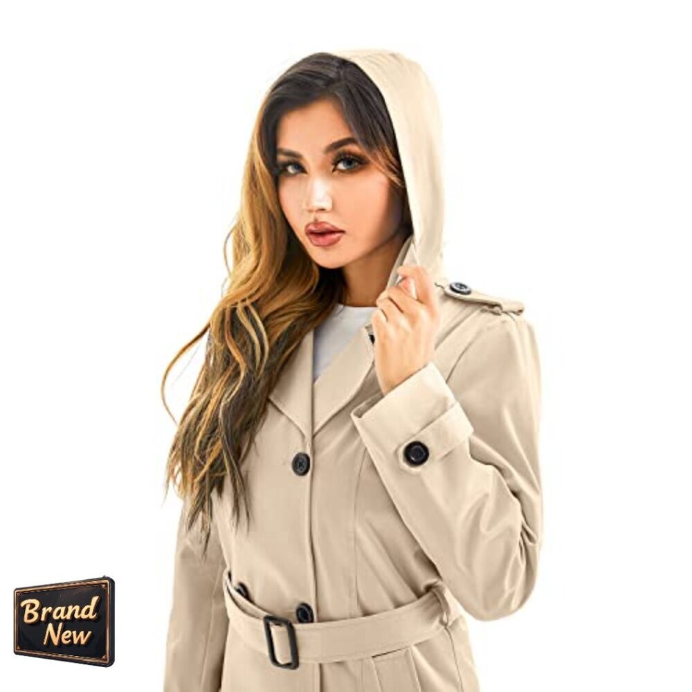 Long Waterproof Trench Coat with Detachable Hood, Belted Double Breasted - Picture 7 of 7